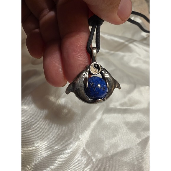 Jewelry - Vintage Sterling Earth Twin Dolphins Lapis Lazuli Pendant Necklace 925